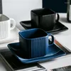 Mokken Noordse keramische theekop en pot ingesteld met houten deksel blauwe verticale strepen koffie mug saucer roestvrijstalen rederijgeling cadeau