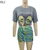 HLJ Fashion Y2K Streetwear Frauen Muster Druck runden Nacken Kurzarm T -Shirt und Miniröcke zweiteilige Sets Sommer 2pcs Outfits 240508