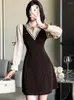 Casual Dresses Autumn Winter Black Corduroy Patchowrk Bow Long Sleeve Dress Women Preppy Style Polo Collar Mini 2024 Korean BodyCon