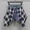 2024Summer Fashion Denim Shorts Plaid Patchwork Fake Twopiece Pants courts tendance Ligne large Aline jupe Femme 240508