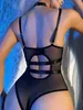 Sexy set ecooko dames ondergoed pu lederen schouderband strakke kleding pornografische zwarte exotische jumpsuit Q240511