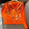 Maglie da donna 4.14 klasonbell classico geometrico stampato di seta giunto a v-scollo a manica lunga arancione arancione cardigan per donne