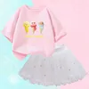 Roupas Conjuntos 2024 Novo verão Girls Candy Lollipop T-shirt+Tutu Skirt 2pcs Festa infantil Clothingl2405