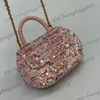 24C Womens Shiny Pink Sequins Top Co Handle Totes Ingot Bags Classic Flap Quilted Mini Glitter Purse Gold Metal Hardware Matelasse Chain Crossbody Handbags 20CM