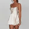 Vestidos casuais brancos Cross Cross Backless Sexy Cetim Spaghetti Strap Mini Dress for Women Summer Roughed Short Prom Nightclub