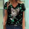 Kvinnors kläder Summer Womens Cat V-ringen Bekväm casual t-shirt 3D Digital Print Top Tshirts Designer Kvinnor Kortärmad skjorta PZ9U