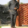 African Traditional Outfit Dashiki Black O-neck Elegant Mens Wear 2PC Luxury Brand Clothing Full Pants Set Mens Wear 240511