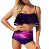 Swimwwear Women Sexy Green Galaxy Bikini maillot de bain coloré imprimé haut de taille haut ensemble de plages à volants