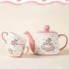 Koppar tefat tecknad flicka tekanna kaffekopp set rosa kanin keramik 2 kopp och kruka set för vän födelsedagspresent premium målning hantverk te potten