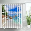 Rideaux de douche rideau turquoise Palme tropical Island Ocean plage blanc fenêtres en bois de la salle de bain décoration de salle de bain avec crochets vert bleu