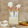 Makeup Brushes Brush Holder Glass & Brass Storage Bucket Vintage Cosmetic Organizer With White Pearls For Dresser Gold