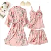 Women's Sleepwear Female Lingerie Nightwear 5Pieces Satin Pyjamas Women Pajamas Sets Flower Print Pijama Kimono