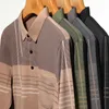 Men Long Sleeve Polo Shirt Lapel Stripe Business Turndown Casual TShirt with Pockets 240418