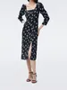 Vestidos casuais 2024 Primavera Summer Summer Women Square Dress Dress Black Viscose Slit Ballet Angel Print Ladies Midi Robe