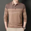 Men Long Sleeve Polo Shirt Lapel Stripe Business Turndown Casual TShirt with Pockets 240418