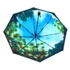 Parapluies Lake View trois pliages parapluie pliant voyage pastoral Small Fresh Black Rubber Protection solaire pour les hommes et les femmes