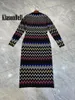 Casual klänningar 11.9 Klasonbell Elegant vintage Metal Kinted Zigzag Wave-mönster o-hals Single Breasted Mid-Length Dress Women's