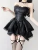 Womens side hollow tight fitting sex dress wrapped around chest lace patchwork hem dress womens sexy black leather backless short skirt 240430