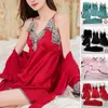 Home Clothing Imitation Silk Pajamas Elegant Silky Satin Lace Patchwork Women's Set With Lace-up Waist Top Shorts Pants 5 Piece