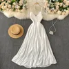 Casual Dresses Foamlina Crochet Knitting Patchwork V-neck Sleeveless Long Dress Women Sexy Open Back Lace-up Bandage Beach Party White