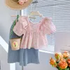 Sommer Kinder Korean Kurzarm Top Girls Babypemperament süßes rosa Spitzenhemd