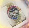 Couple Hip Hop Iced Out Men Designer Watch Day Date Time Quartz Battery Movement Colorful Diamonds Ring Stainless Steel Band Clock All the Crime Watches Gifts