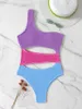 Dames badkleding één schouder dames stuk zwempak 2024 kleurblok sexy geribbelde vrouwelijke hoge taille zwempak monokini baden