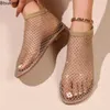 Casual Shoes 2024 Women's Luxury Water Diamond Flat Bottom Sandals Fashion Hollow Out Round Toe Short Boots Mesh Sexy Party Femme