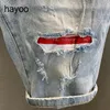 Light blue ripped denim shorts mens summer thin slim Korean style trendy mens cropped pants 240511