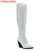 Bottes d'hiver automne cowboy femelle féminine Western Luxury Chunky talon pointuy genou haut noir blanc dames chaussures