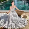 Vestidos informales Bohemian Holiday Beach White Long Dress Elegant Women V Neck Spaghetti Strap Ruffles Hollow Out Chiffon Backless Summer Batter