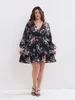 Plus Size Women Blumendruck Chiffon sexy gegen Nacken aus Langarmleid Kleid weibliche elegante Partykleider Großhandel Drop 240420