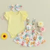 Ensembles de vêtements 0-24 mois pour bébé fille 3pcs tenue bleu jaune nerveux à manches courtes avec une jupe à suspension.