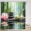 Duschvorhänge Zen Vorhang mit grünem Bambus River Lotus Blume Stone Candle Spa Landschaft Botanische Blätter gedruckte Badezimmerdekoration