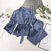 Heimkleidung Kimono Stil 2024 Frauen Pyjamas Set mit Schärpe Satin Seidenschlafrobe Langes Hosen 2 -teilige Anzug lässiger weicher Pyjama Nachtwäsche