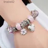 Bracelet Pink Sakura Love Heart Pendants Bracelet pour Pandorade 925 Bracelets de charme de chaîne de serpents Silver 3 mm pour les femmes avec T2Ze original