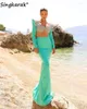 Robes de fête élégant sirène bleue Dubaï Evening Luxury Manches Crystals Crystals Diamants Perge de bal Robe de bal de Mexique pour mariage