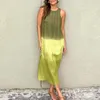 Robes décontractées Femme Fashion Gradient imprimé Robe en lin de coton Spring Round Side Slit Split Long Summer Soupless Tank A-Line Maxi