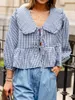 Damesblouses zomer prairie chic zoete shirt plaid print lantaarn lange mouw poppen kraag strik bie-tie-up voorkant losse peplum tops