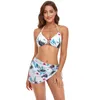 Frauen Badebekleidung Blatt Druck 3 Stück Bikinis Set mit Deck -Rock Badeanzug Traingle Halfter Badeanzug 2024 Frauen