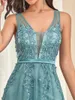 Party Dresses Elegant Evening Long Lace Beading Vneck Sleeveless 2024 Ever Pretty Of Dusty Blue Simple Backless Prom Women