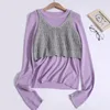 Women's Sweaters Knit Vest Long-sleeved Sweater Shirt Two-piece Set Female Spring Fashion Fold Wear Tank Purple Pullover Korean Elegant