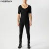 Men's Pants INCERUN Sexy Style Bodysuits Flash Fabric Mesh Perspective Design Jumpsuits Casual Large U-neck Short Sleeve Rompers S-5XL