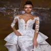 2022 Designer Mermaid Wedding Dresses With Detachable Train Long Sleeves Lace Appliqued Bridal Gowns Illusion Bodice Country Wedding Dr 3339