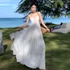 Vestidos informales Bohemian Holiday Beach White Long Dress Elegant Women V Neck Spaghetti Strap Ruffles Hollow Out Chiffon Backless Summer Batter