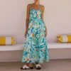 Casual Dresses Women's Long Beach Dress Sleeveless Spaghetti Strap Ruched Byst Floral Print Sling