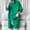 Herrspårar Kort ärm Polo Shirt+Shorts Fashionabla Waffles Loose and Casual Mens Set Simple Lapel Street Clothing Green Plus Size 5XL-M Q240501010