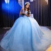 Sky Blue Shiny Sweetheart Quinceanera Dress Off Shoulder Bow Beading Tull Ball Gown Corset Sweet 16 Vestidos De 15 Anos