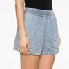 Kvinnors shorts 2024 sommar i ren bomull denim vintage tvättade diamant utsmyckade elastiska midja jeans korta byxor
