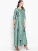 エスニック服インディアンレディースファッションプリントデザイン3/4スリーブラウンドネックスパークリングヘムロンググリーンドレスレディス衣類インドの伝統的なドレス2405